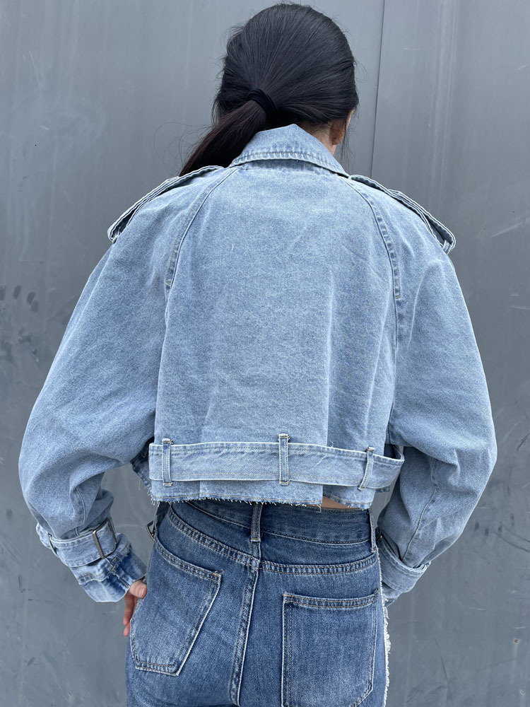 Women's Jackets RR3191 Trf Denim Cropped Trench Coat For Women Oversized Short Trench Coats Women Short Jackets Ladies Long Sleeve Loose 230826