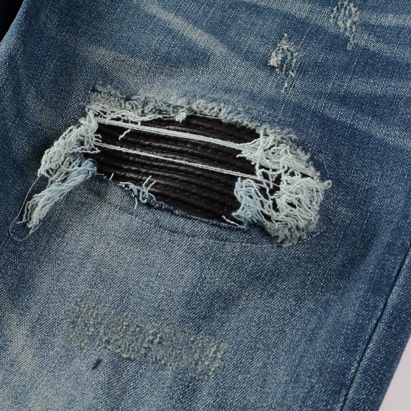 Men's Jeans Men's Blue Distressed Moustache EU Drip Ribs Patches Jeans Italian Drip Damaged Holes Slim Fit Stretch Ripped Jeans 230827