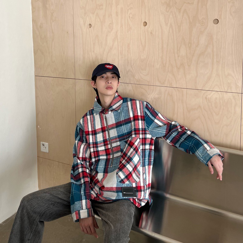 Clothing Men Women Printed Outerwear Cotton Coat Long Sleeve Loose Plaid Stripes Half Zipper Jacket Man