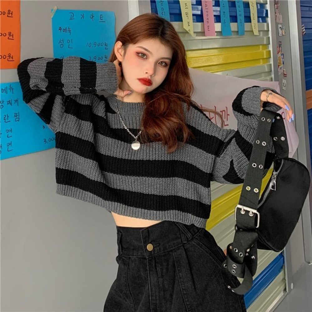 Women's Sweaters Fashion Cropped Sweater Sexy Tops Women Black White Striped Pullover Knitted Sweater Women Korean Jumper Y2K Wholesale Goth 2308
