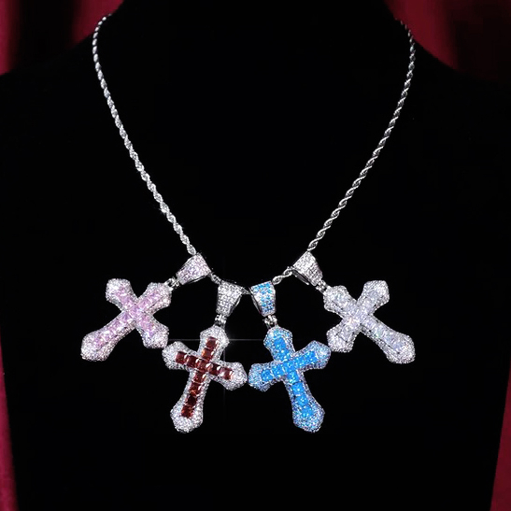 Pendant Necklaces Men Women Colorful Blue Pink Purple Colorful Cz Cross Pendant Necklace Iced Out Bling 5A Cubic Zirocnia Hip Hop Jewelry 230826