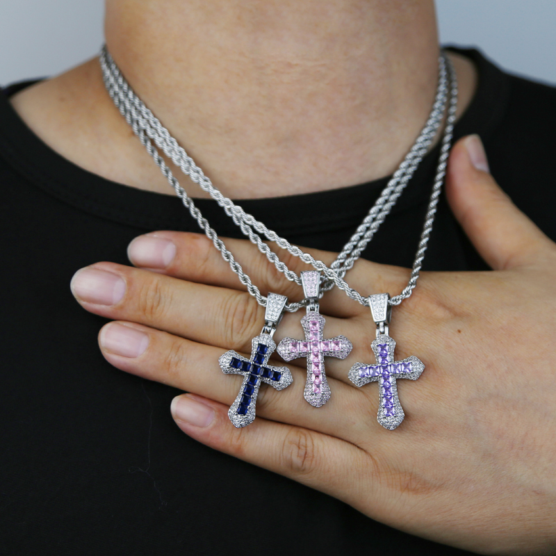 Pendant Necklaces Men Women Colorful Blue Pink Purple Colorful Cz Cross Pendant Necklace Iced Out Bling 5A Cubic Zirocnia Hip Hop Jewelry 230826
