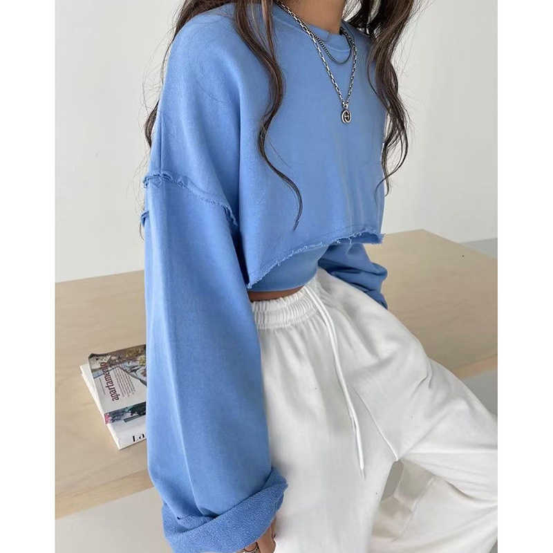 fashion style wool cuffed long sleeved pullover sweater knitted open navel vest two-piece top