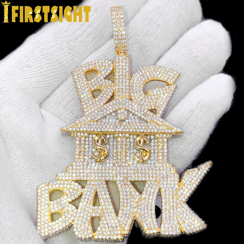 Pendant Necklaces Iced Out Bling Heavy Chunky CZ Letter Big Bank Pendant Necklace Cubic Zirconia Dollar Symbol Bank Charm Men Hip Hop Jewelry 230826