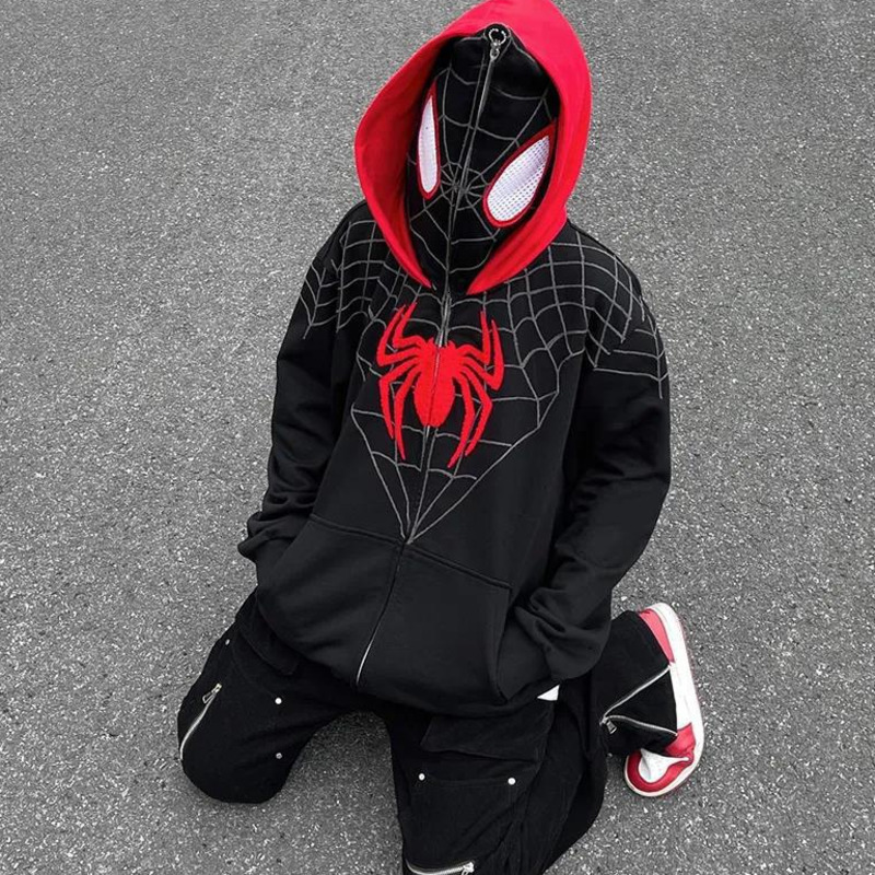 Men's Hoodies Sweatshirts Spider Print Y2k Gothic Sweater Hoodie Men Hip Hop Dark Zip Up Hooded Cardigan Full Chain Women Loose Couple Hoodie Str