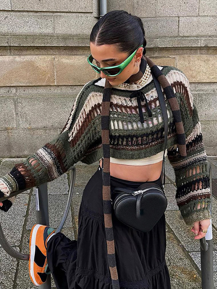 Women's Sweaters Goth Dark Kitted Vintage Gothic Loose Hollow Out Sweaters Retro Y2k Fairy Grunge Streetwear Crop Shrug Tops Sexy Striped Outwear