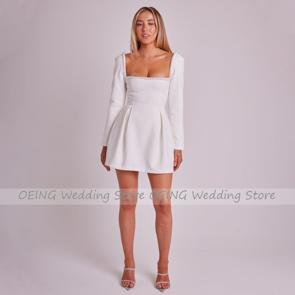 Urban Sexy Dresses Short Wedding Dress Long Sleeves Pearls Square Collar Mini Wedding Gown for Women Bride A Line Backless Cute Bridal Dresses 230826
