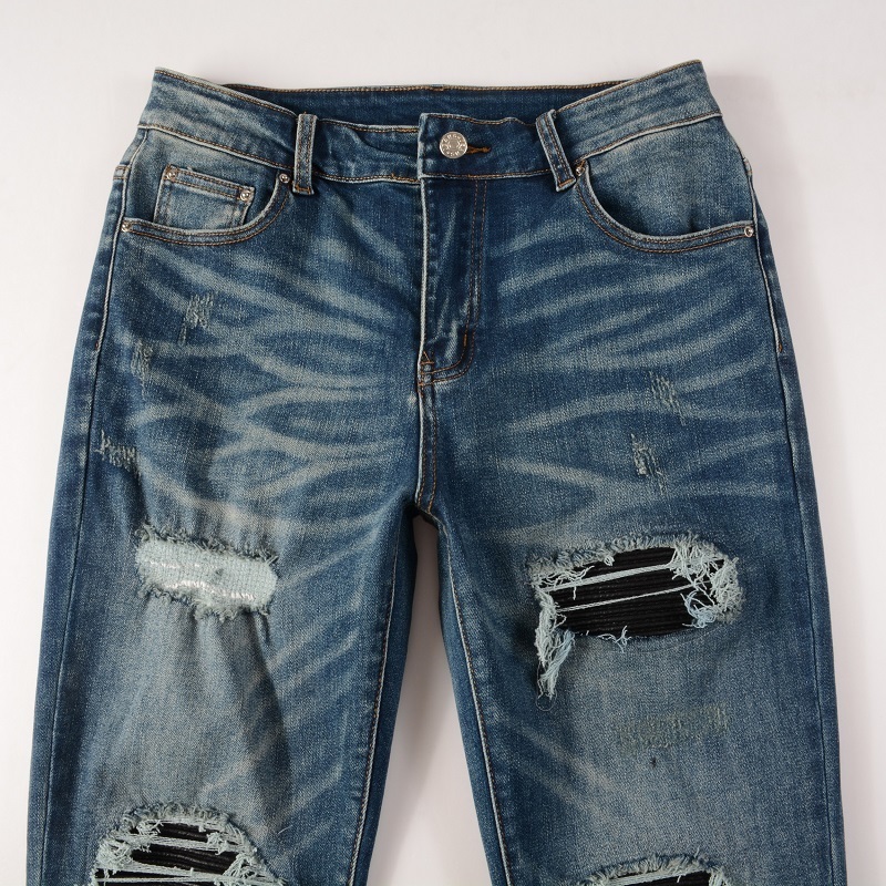 Men's Jeans Men's Blue Distressed Moustache EU Drip Ribs Patches Jeans Italian Drip Damaged Holes Slim Fit Stretch Ripped Jeans 230827