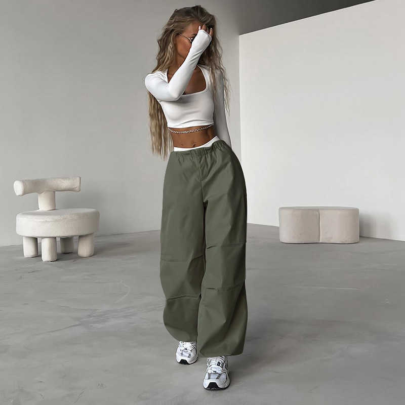 high waist drawstring straight tube simple cargo pants ins summer street fashion solid color casual pants