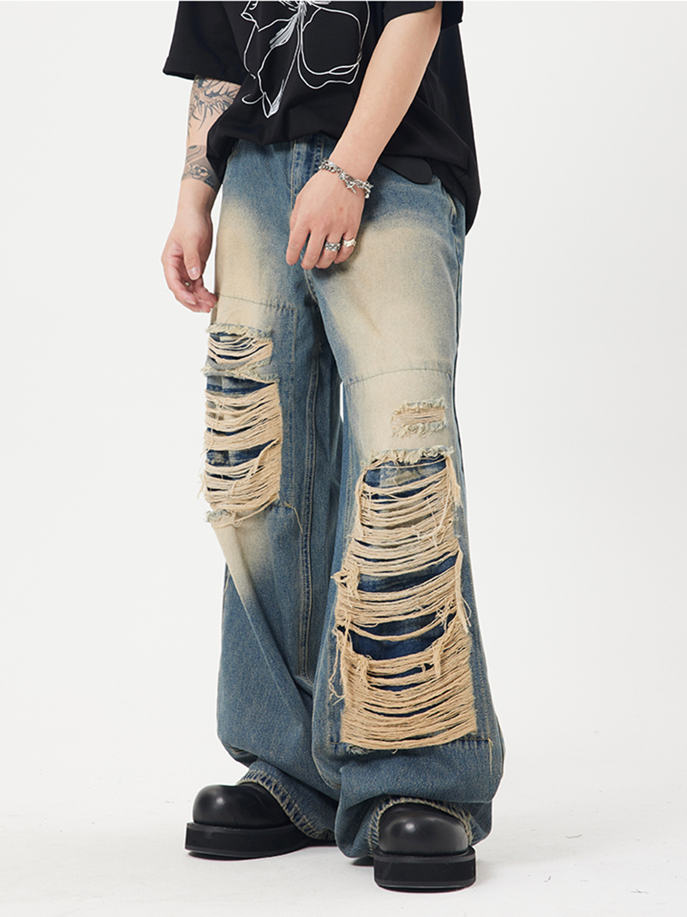 Men's Jeans REDDACHiC Retro Y2k Men Baggy Jeans Big Size Ripped Holes Wide Leg Denim Pants Bleached Casual Loose Trousers Hip-hop Streetwear 2308