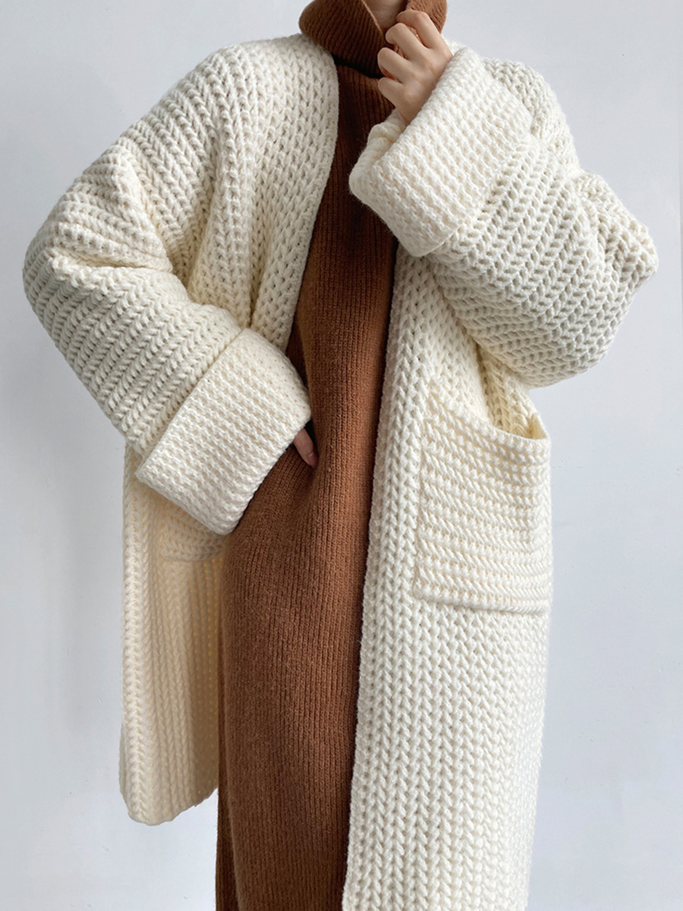 Womens Knits Tees Winter Long Cardigan Women Oversized Thick Knitted Sweater Female Vintage Casual Solid Cardigans Ladies Elegant Loose Jumper 230826 - view 4