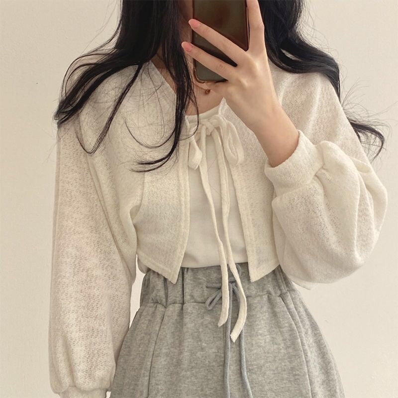 Womens Knits Tees White Knitted Cardigan Women Spring Summer Thin Sunscreen LaceUp Knitwear Tops Female Korean Style Lantern Sleeve Short Shirt 230826