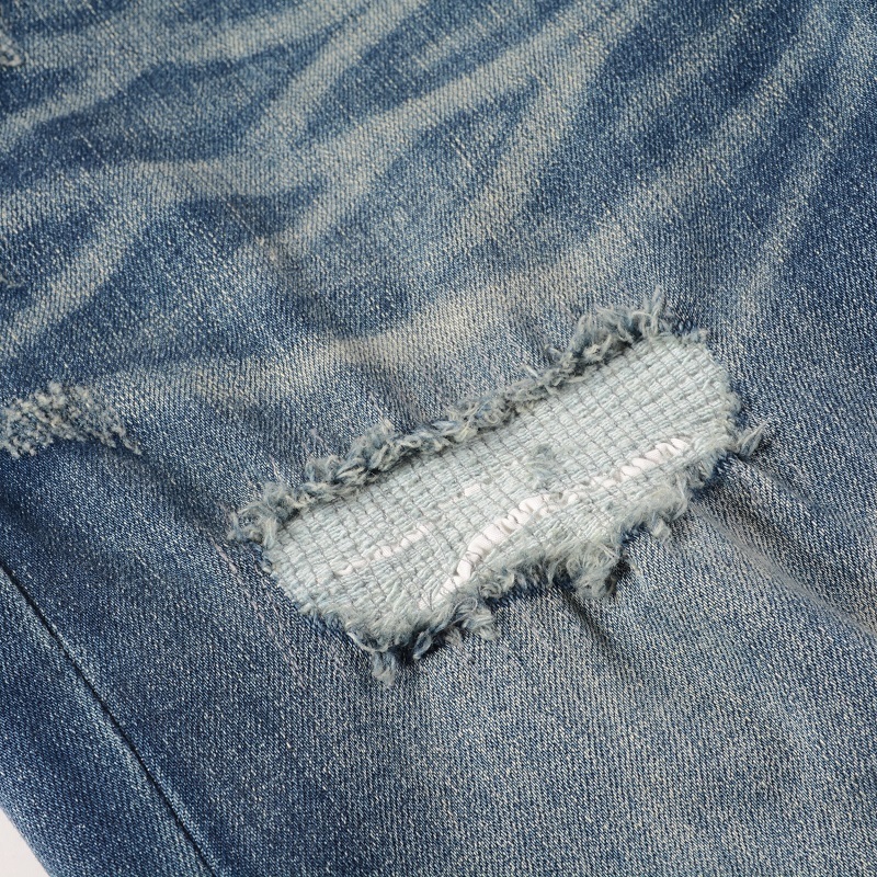 Men's Jeans Men's Blue Distressed Moustache EU Drip Ribs Patches Jeans Italian Drip Damaged Holes Slim Fit Stretch Ripped Jeans 230827