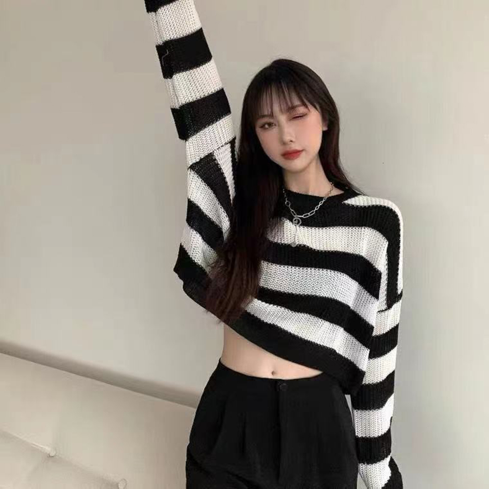 Women's Sweaters Fashion Cropped Sweater Sexy Tops Women Black White Striped Pullover Knitted Sweater Women Korean Jumper Y2K Wholesale Goth 2308
