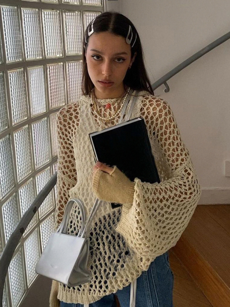 Women's Sweaters Y2K Harajuku Hollow Out Knitted Sweater For Women Autumn Vintage Long Sleeve Knitted Pullover Female Retro Smock Sweater 230827