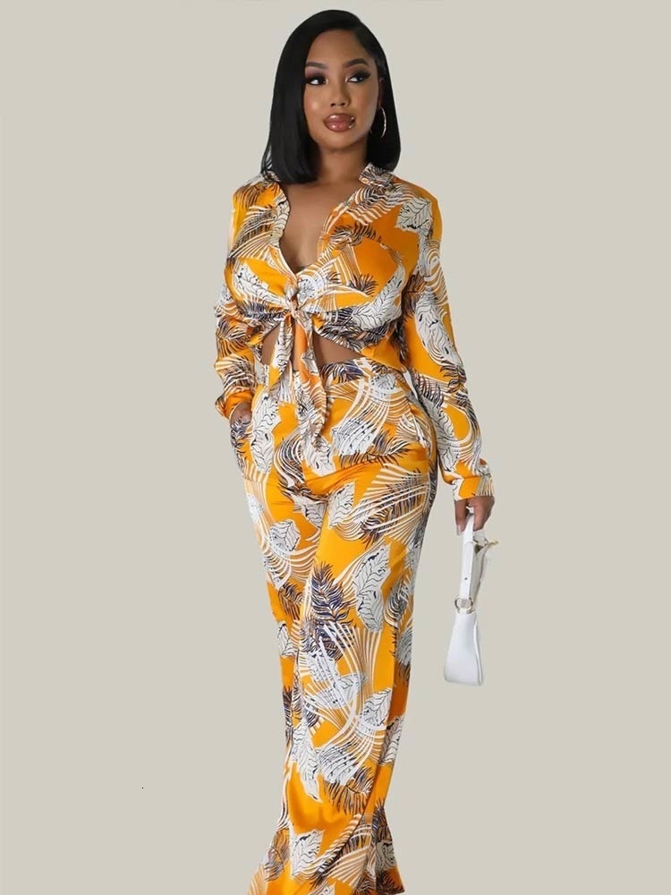 Womens Two Piece Pants Fashion Printed Set For Women Lapel Long Sleeve Laceup Shirt Top Loose Pant Suit Summer Casual Lady Outfit 230826