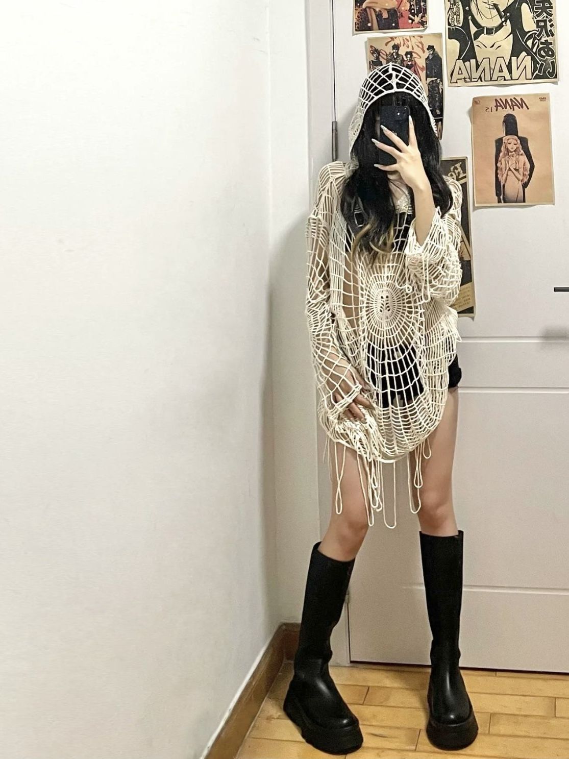 Women's Sweaters Hollow Knit Hooded Top Y2k Clothes Spider Web Spice Girl Mesh Pullovers Thin Women Korean Fashion Fishing Net Sweaters Gothic 23