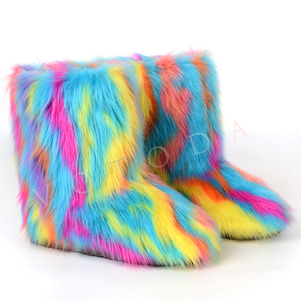 Boots Winter Women Fur Boots Woman Fluffy Furry Faux Fur Snow Boots Female Plush Outside Flat Shoe Ladies Warm Slip On Ankle Boots 230826