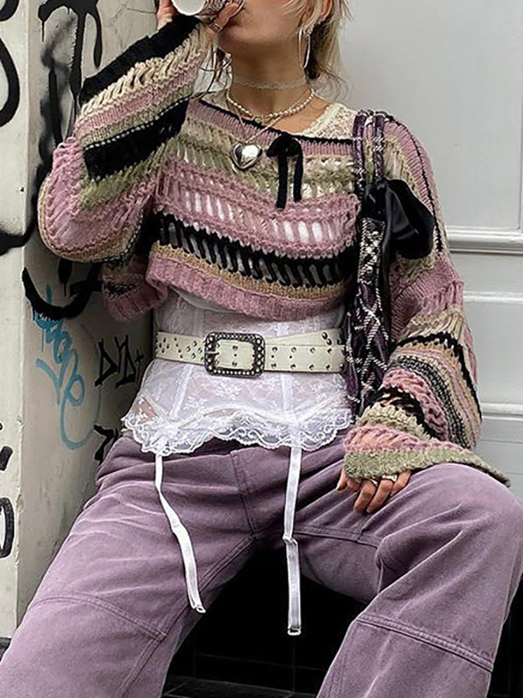 Women's Sweaters Goth Dark Kitted Vintage Gothic Loose Hollow Out Sweaters Retro Y2k Fairy Grunge Streetwear Crop Shrug Tops Sexy Striped Outwear