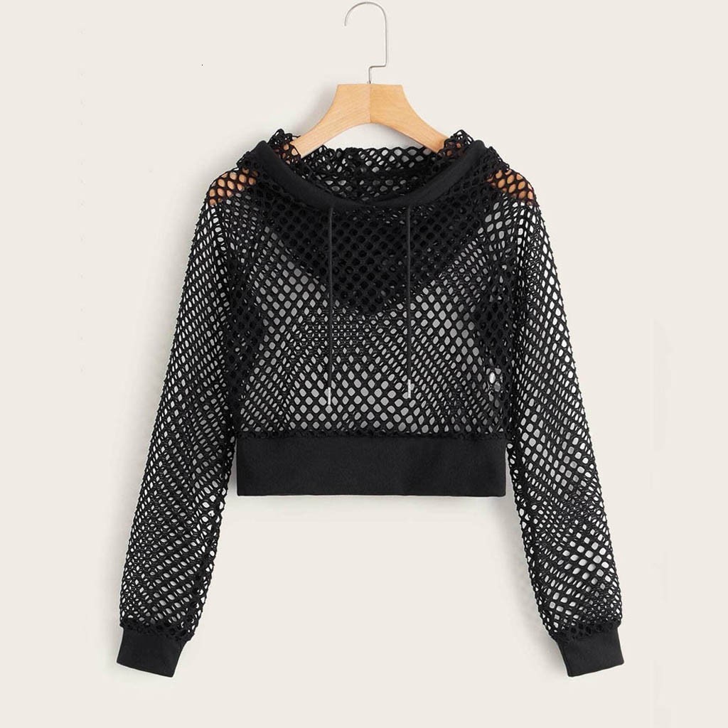 Women's Hoodies Sweatshirts Oversized Casual Hooded Hoodies Women Solid Cutout Mesh Insert Cropped Hoodie Harajuku Sweatshirt Long Sleeve Crop To