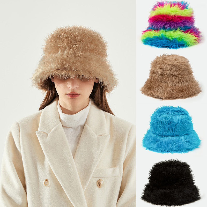 Wide Brim Hats Bucket Hats Winter Faux Rabbit Fur Bucket Hat Woman Outdoor Autumn Fisherman Cap Unisex Solid Color Panama Hat Girl Boy Warm Bob 230826
