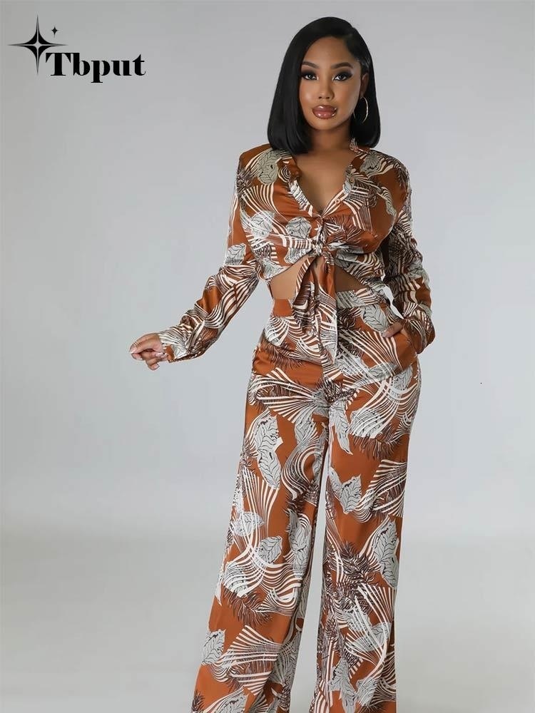 Womens Two Piece Pants Fashion Printed Set For Women Lapel Long Sleeve Laceup Shirt Top Loose Pant Suit Summer Casual Lady Outfit 230826