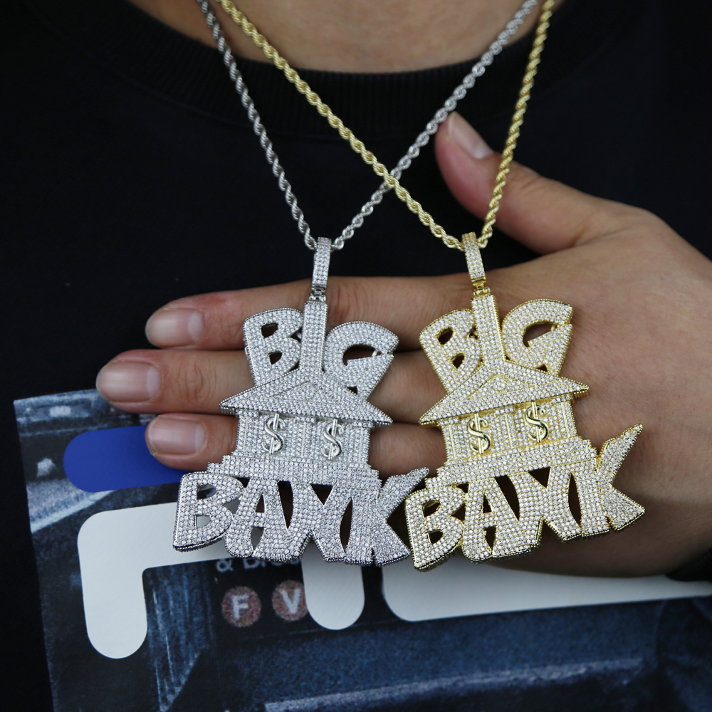 Pendant Necklaces Iced Out Bling Heavy Chunky CZ Letter Big Bank Pendant Necklace Cubic Zirconia Dollar Symbol Bank Charm Men Hip Hop Jewelry 230826