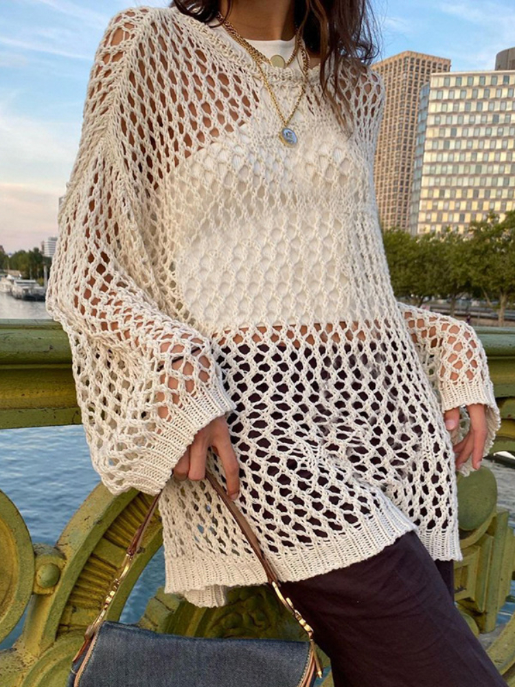 Women's Sweaters Y2K Harajuku Hollow Out Knitted Sweater For Women Autumn Vintage Long Sleeve Knitted Pullover Female Retro Smock Sweater 230827