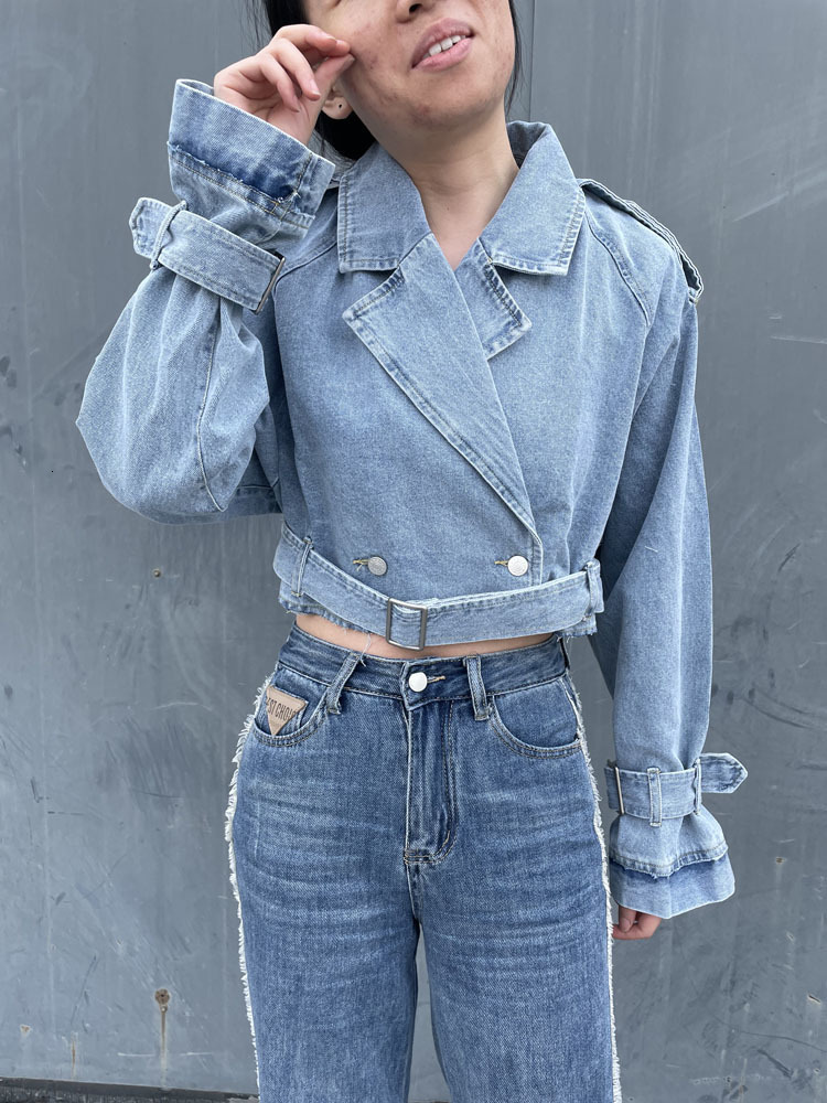 Women's Jackets RR3191 Trf Denim Cropped Trench Coat For Women Oversized Short Trench Coats Women Short Jackets Ladies Long Sleeve Loose 230826
