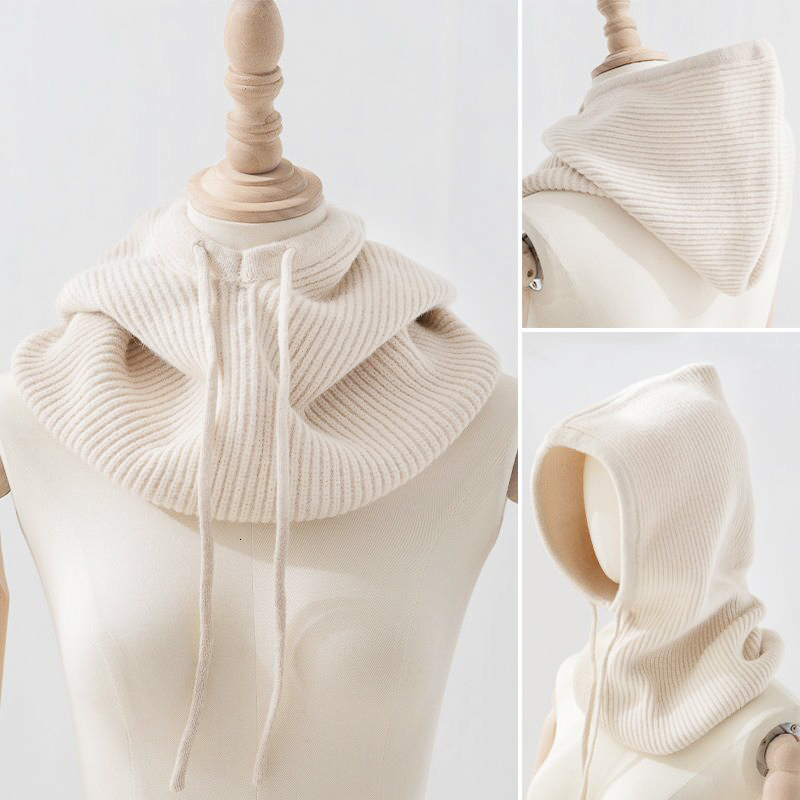 Scarves Unisex Knitted Head Hood Faux Cashmere Hooded Neck Collar Cap Head Drawstring Thick Beanie Men Women Adjustable Elastic Hat 230826