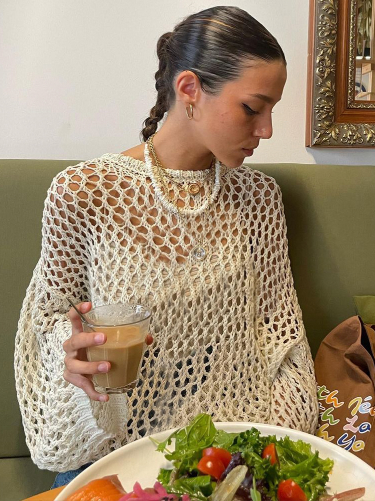 Women's Sweaters Weekeep y2k Crochet Sweater Hollow Out Loose Smock Grunge Fishnet Distressed Pullovers Oversized Knit Jumper Harajuku Streetwear