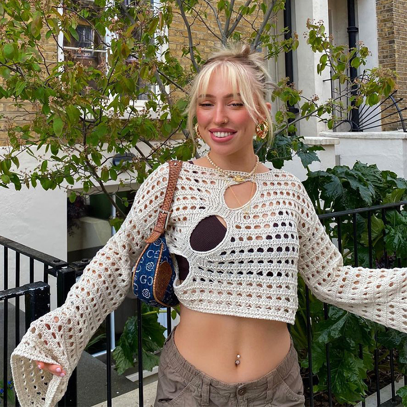 Women's Sweaters Knitted Hollow Out Crop Sweater 90s Vintage Loose Pullovers Y2K Aesthetic Crochet Top Sexy Streetwear Long Sleeve Cover Ups 2308