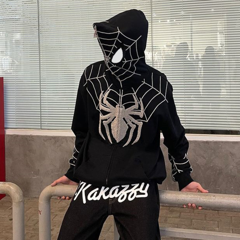 Men's Hoodies Sweatshirts Spider Print Y2k Gothic Sweater Hoodie Men Hip Hop Dark Zip Up Hooded Cardigan Full Chain Women Loose Couple Hoodie Str