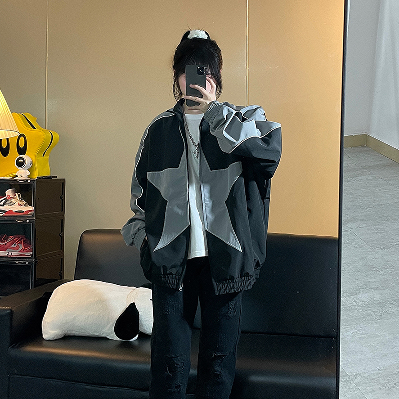 Men's Jackets Spring Bomber Jacket Men Women Vintage Star Pattern Harajuku Y2k Windbreaker Coat Streetwear Zipper Patchwork Outerwear Unisex 2308