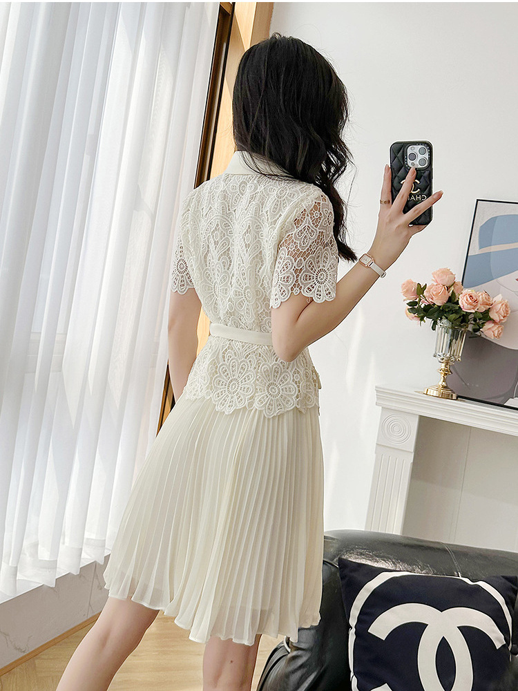 Autumn Two Piece Dress High Quality Summer Runway Fashion Women 2 Piece Sets Embroidery Lace Hollow Out Blouse And Pleated Chiffon Mini Skirt With Bel
