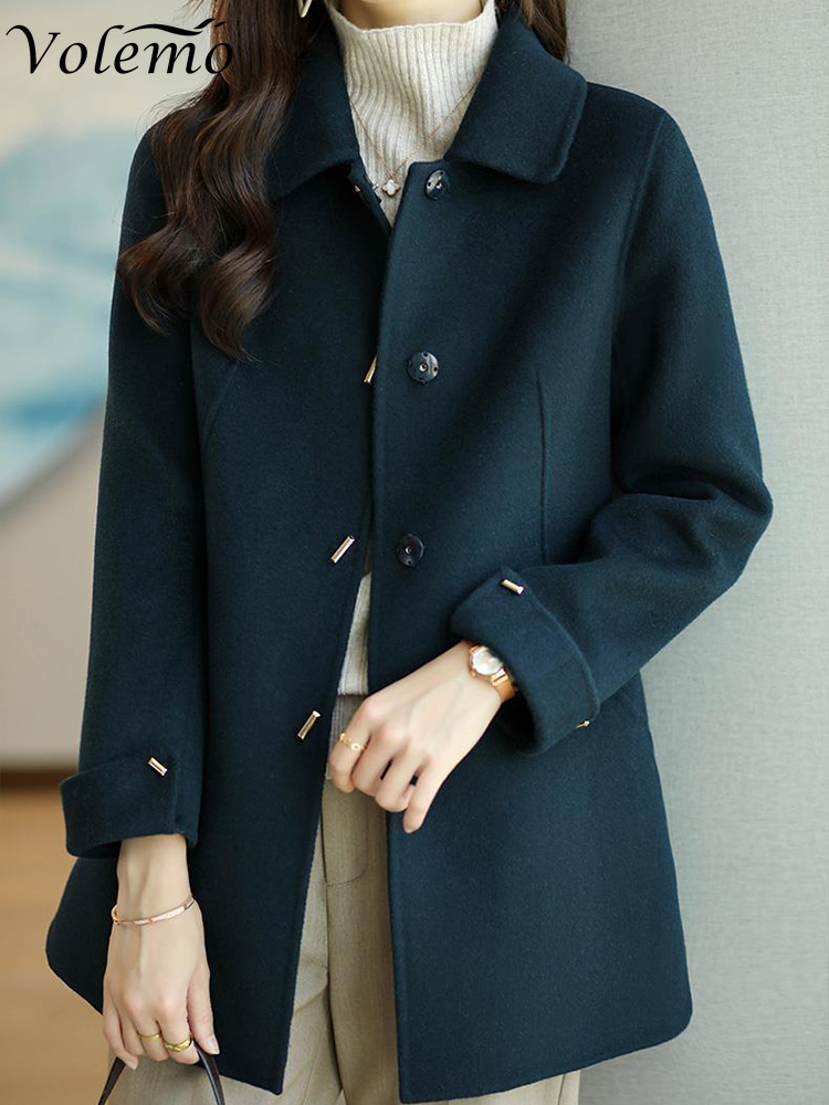 Women's Wool Blends Woolen Coat Slim Fashion Office Lady Square Collar Single Breasted Winter Coats for Women Wide-waisted Pocket Black Coat 2308