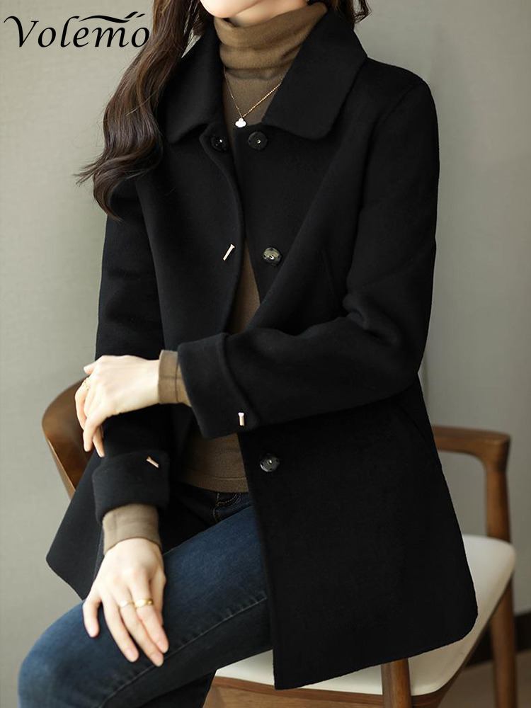 Women's Wool Blends Woolen Coat Slim Fashion Office Lady Square Collar Single Breasted Winter Coats for Women Wide-waisted Pocket Black Coat 2308