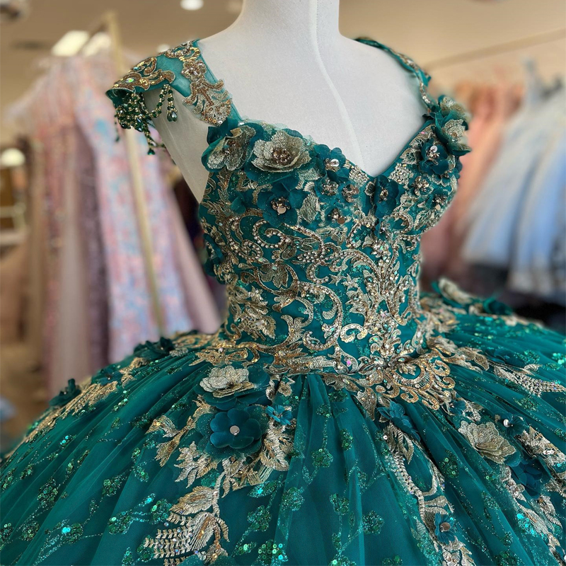 Emerald Green Sequins Ball Gown Quinceanera Dress Tulle Gold Appliques Flowers Sleeveless Sweet 15 16 Birthday Party Formal vestidos de 15