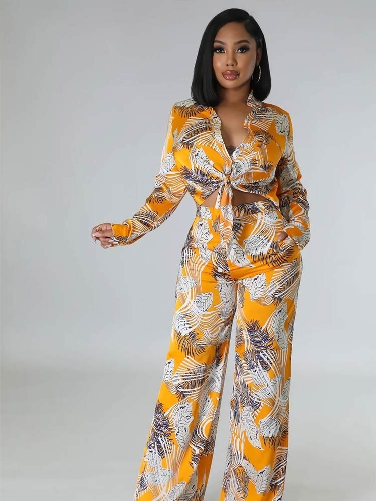 Womens Two Piece Pants Fashion Printed Set For Women Lapel Long Sleeve Laceup Shirt Top Loose Pant Suit Summer Casual Lady Outfit 230826