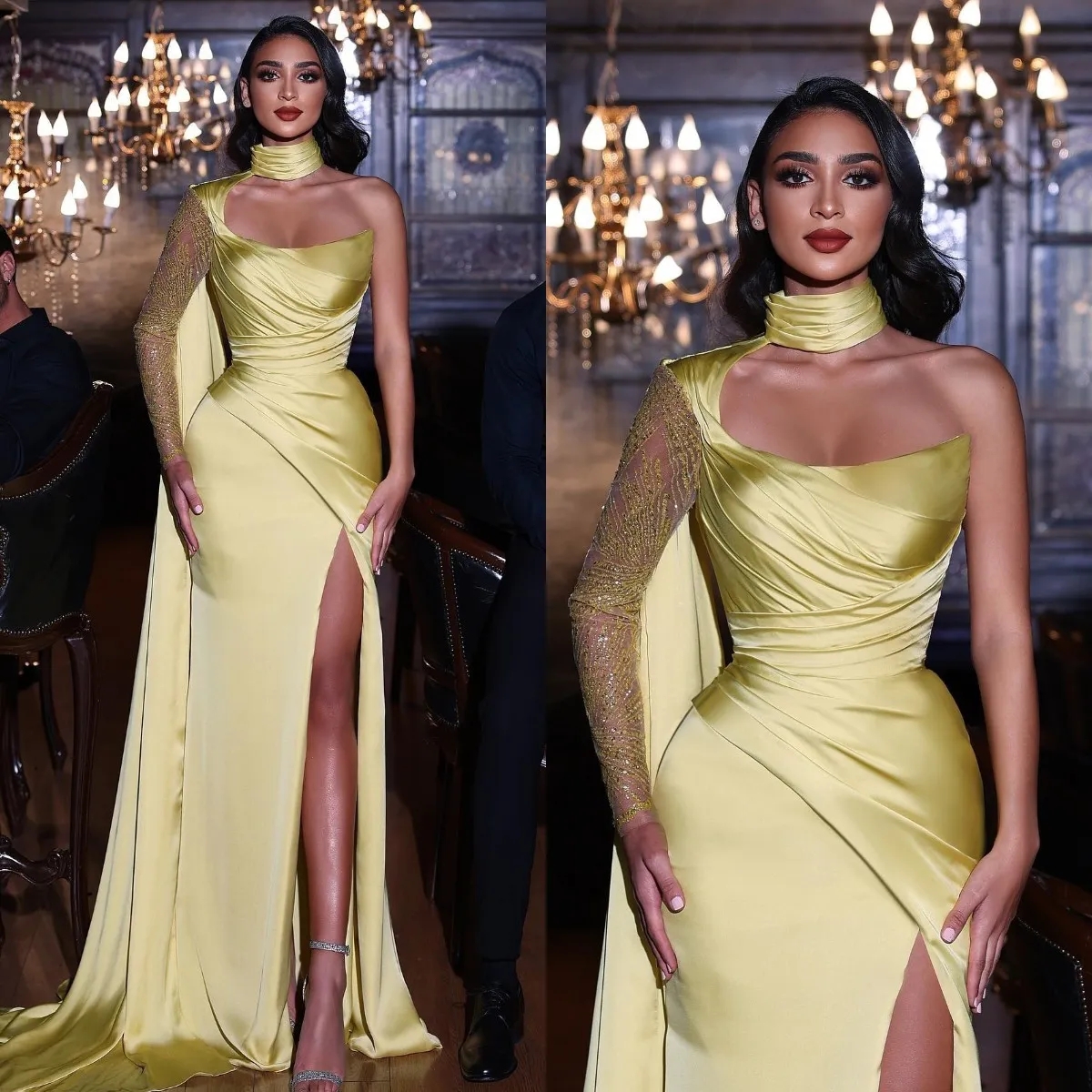 Elegant Mermaid Evening Dresses Satin Sequins High Neck One Shoulder Long Sleeve Party Prom Split Pleats Dress for Special Ocn