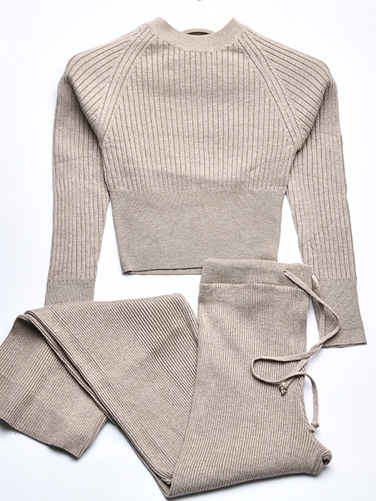 Women's Two Piece Pants FANTOYE O Neck Ribbed Knitted Two Pieces Women Sets Autumn Casual Long Sleeve Tshirt And Wide Leg Pant Suit Solid Fitness