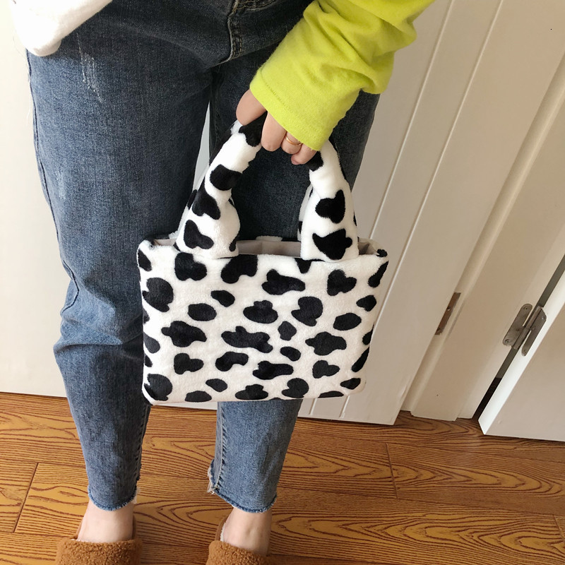 Evening Bags plush shoulder bag cute winter cartoon handbags milk cow pattern hand bag women solid color ladies bag tote size 20*26cm 230826