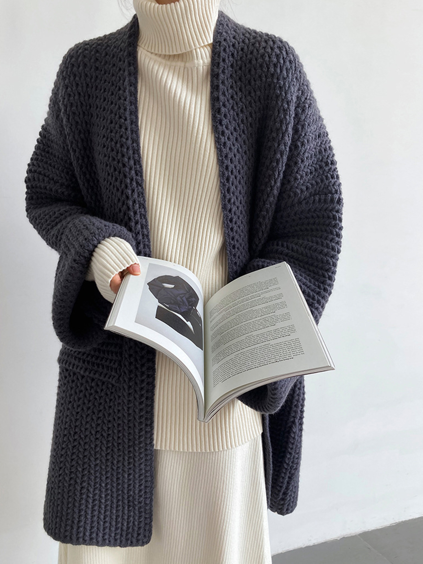 Womens Knits Tees Winter Long Cardigan Women Oversized Thick Knitted Sweater Female Vintage Casual Solid Cardigans Ladies Elegant Loose Jumper 230826 - view 5