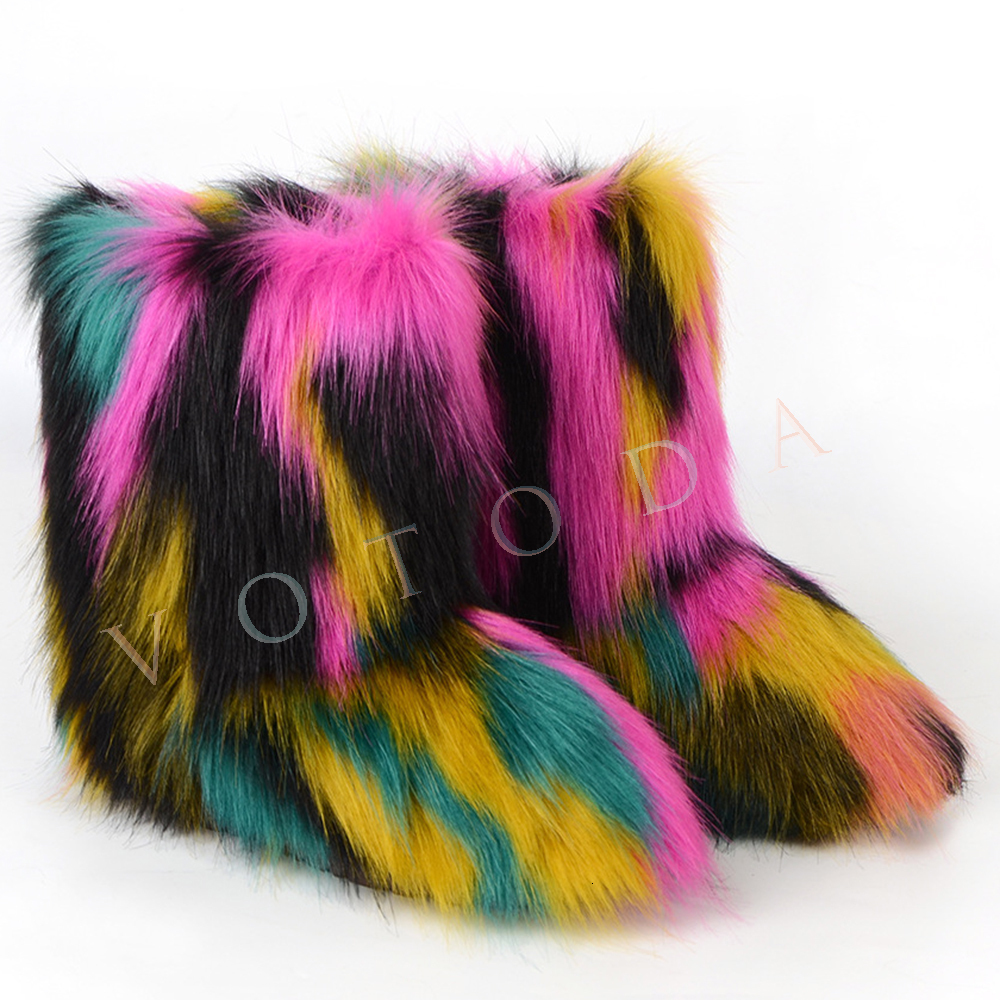 Boots Winter Women Fur Boots Woman Fluffy Furry Faux Fur Snow Boots Female Plush Outside Flat Shoe Ladies Warm Slip On Ankle Boots 230826
