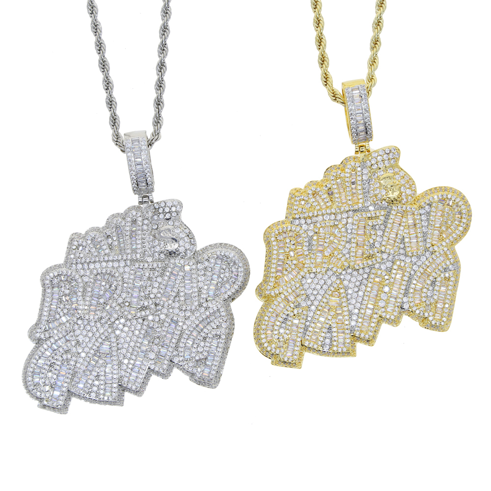 Pendant Necklaces Iced Out Bling CZ Letter BREAD GANG Pendant Necklace Cubic Zirconia Gold Silver Color Money Bag Charm Men Women Hip Hop Jewelry 2308