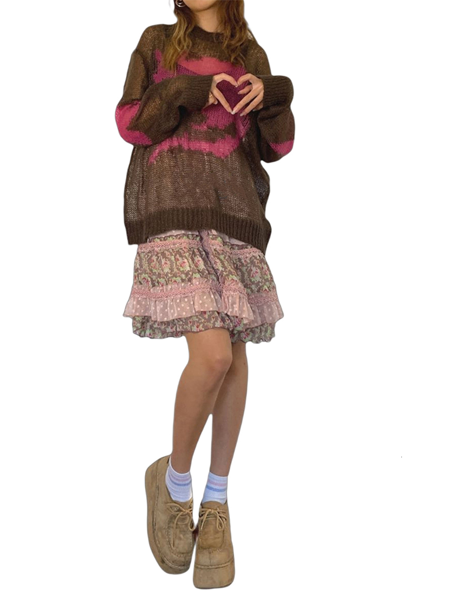 Women's Sweaters Women Star Pattern Long Sleeve O Neck Casual Hollow Knitted Pullover Top Fashion Oversized Sweater Spring Autumn Y2k Streetwear 