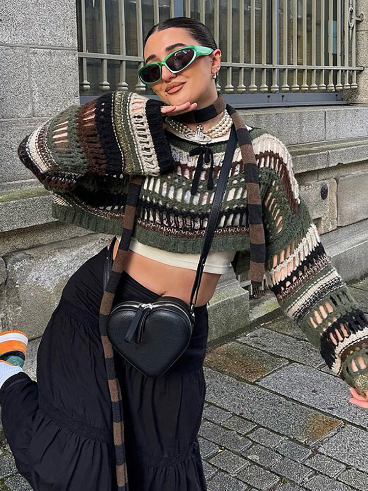 Women's Sweaters Goth Dark Kitted Vintage Gothic Loose Hollow Out Sweaters Retro Y2k Fairy Grunge Streetwear Crop Shrug Tops Sexy Striped Outwear