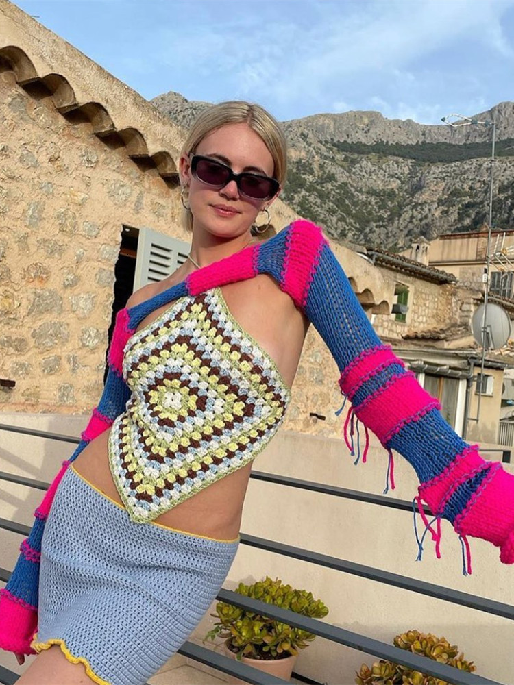 Women's Sweaters Color Contrast Knitted Crop Tops Women Summer Fall Long Sleeve Casual Pullover Sweaters Female Knitwear 230827