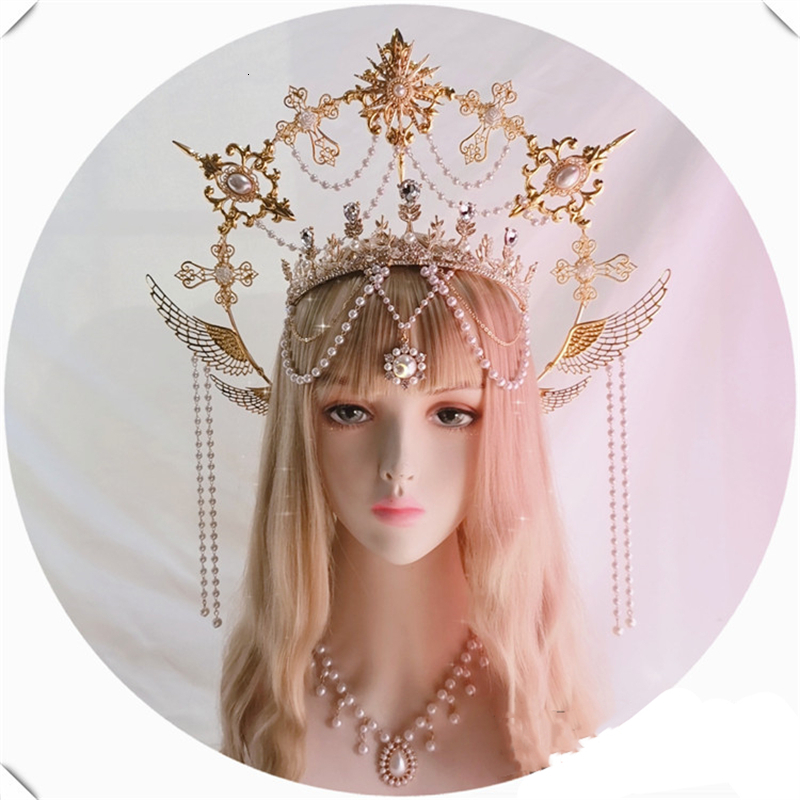 Headbands Lolita Headband Golden Mary Apollo Sun Halo Goddess Crown Party Church Headwear Halloween Costume Exaggerated Headpiece 230826