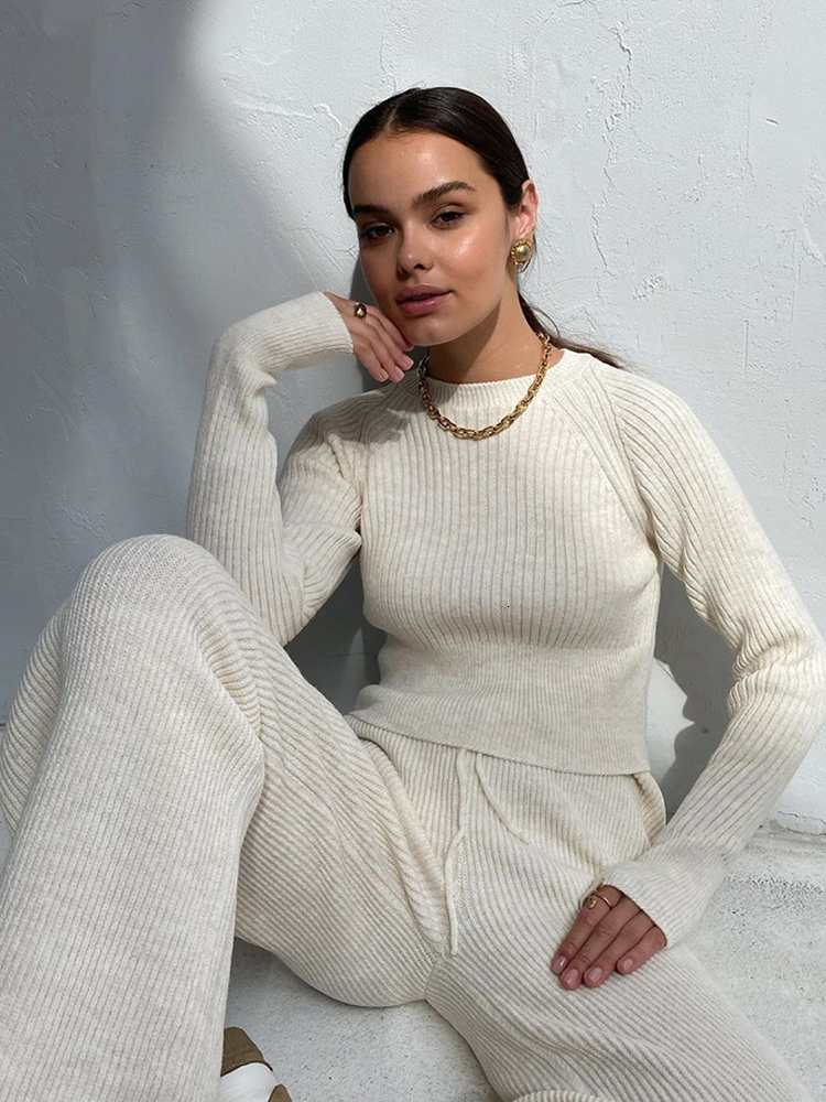 Women's Two Piece Pants FANTOYE O Neck Ribbed Knitted Two Pieces Women Sets Autumn Casual Long Sleeve Tshirt And Wide Leg Pant Suit Solid Fitness